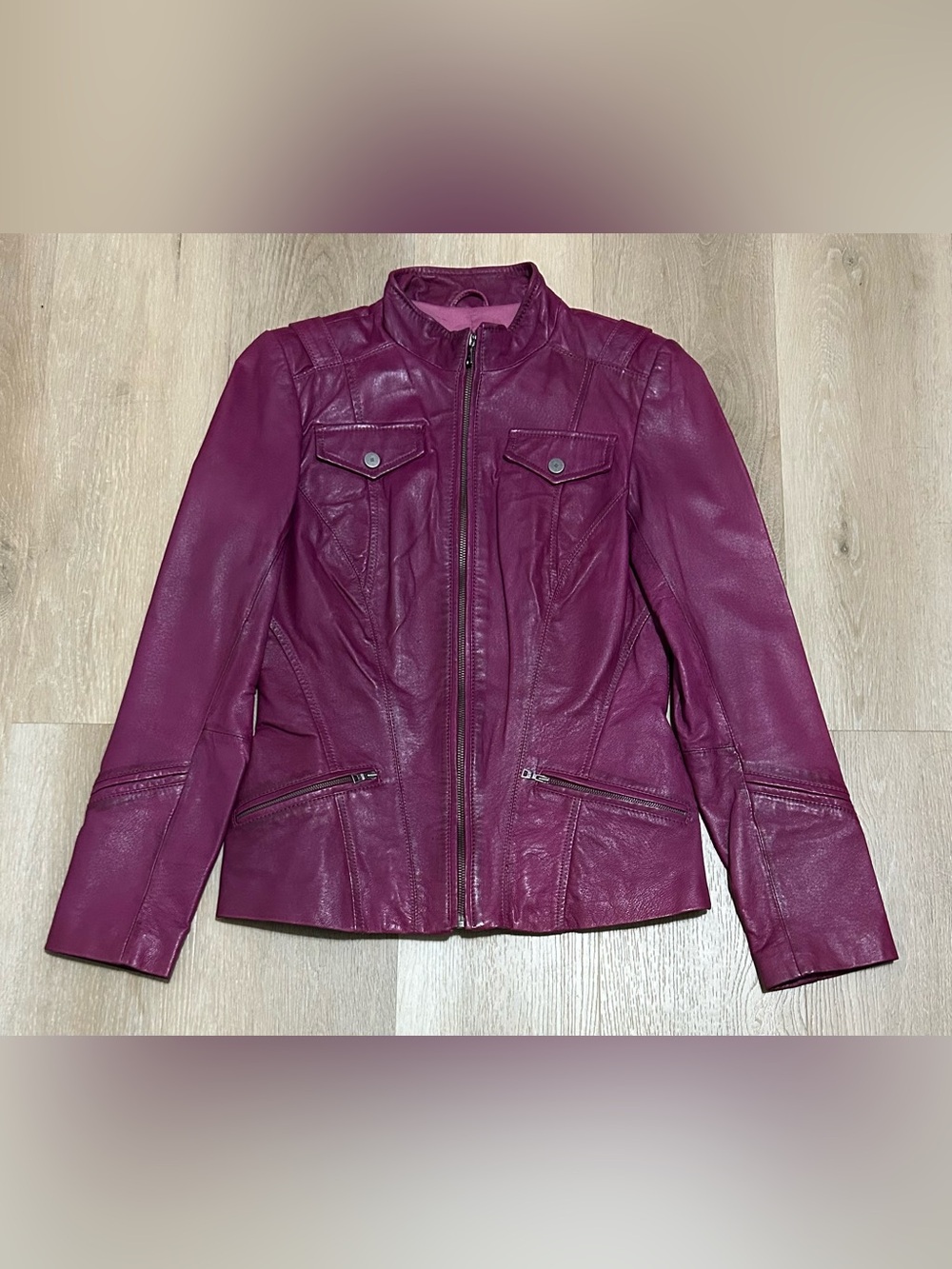 Danier Plum Leather Moto Jacket with Zip Pockets